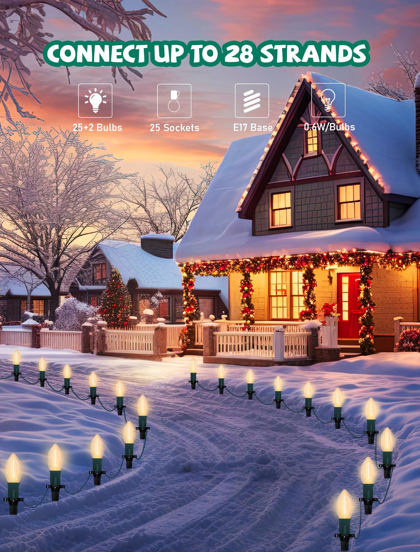 C9 Christmas Pathway Lights Outdoor 38Ft Connectable C9 LED Christmas String Lights with 25 LED Warm White Stakes Lights for Walkway Outdoor Yard Driveway Lawn Decorations