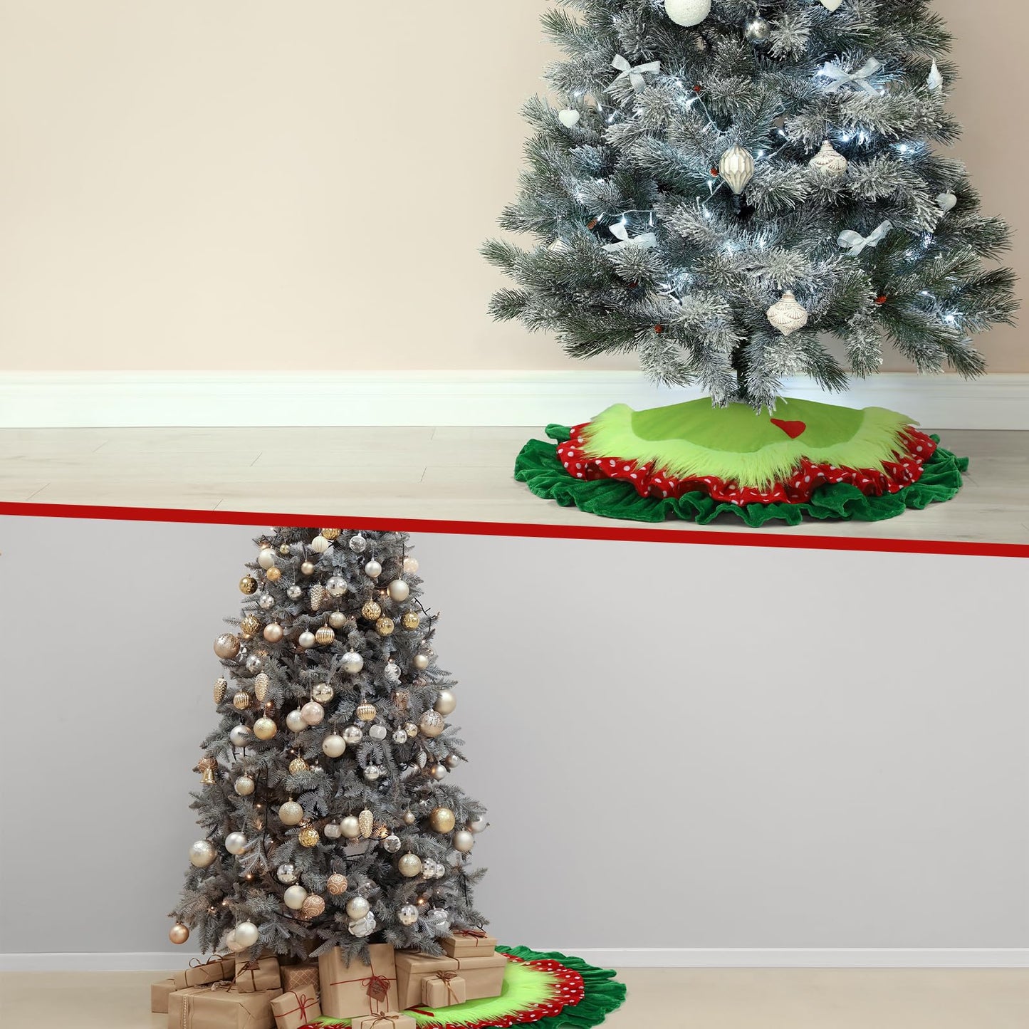 Gemscream 30 Inches Green Christmas Tree Skirt Xmas Decorations with Red Heart Patch for Tree Mat Collar with Red Green Trim for Christmas Party Indoor Outdoor Holiday Party Decor