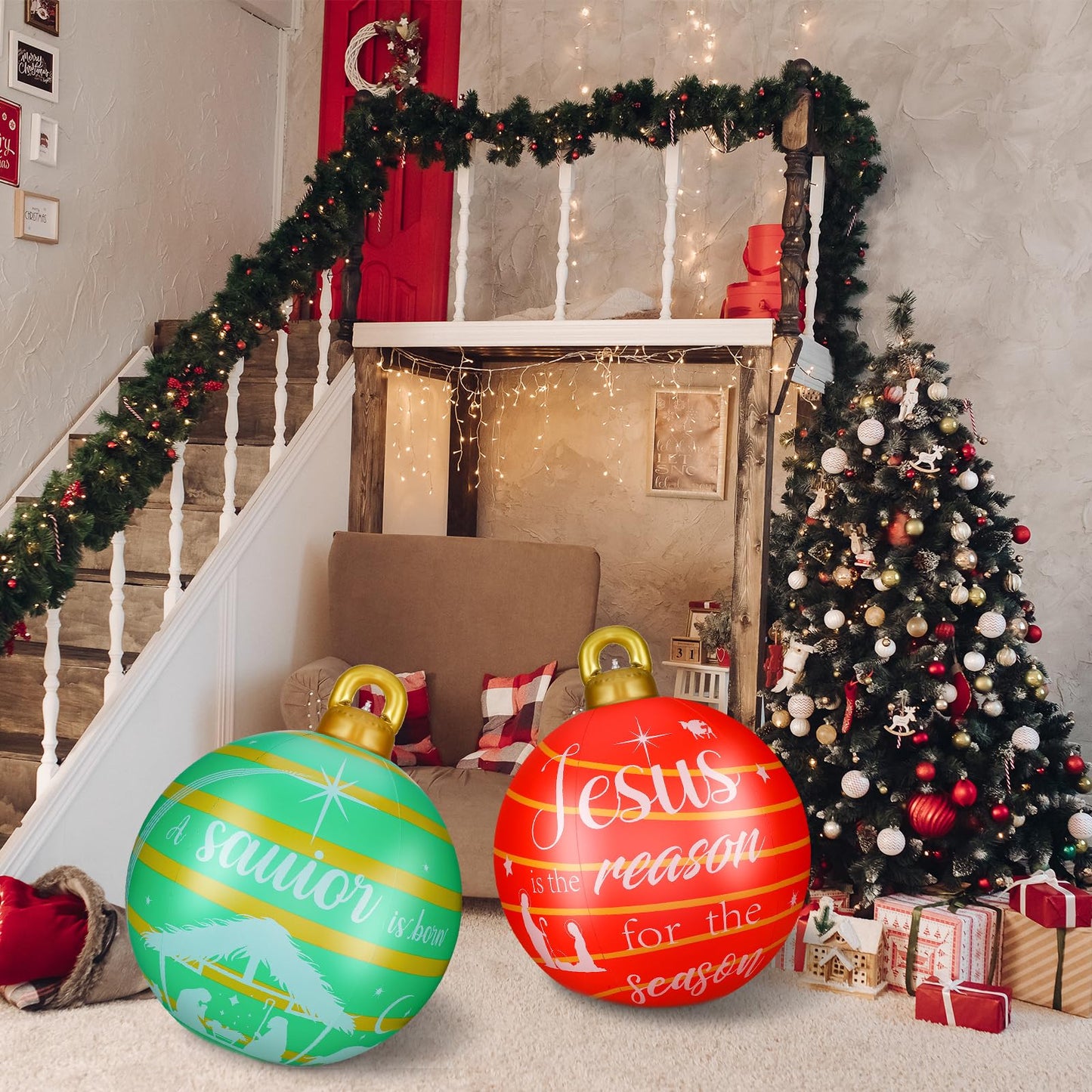 2 Pieces 32 Inch Giant PVC Inflatable Christmas Decorated Ball Ornaments Outdoor Large Xmas Blow Ball Decorations for Christmas Themed Party Ornaments(Cute,Green Red)