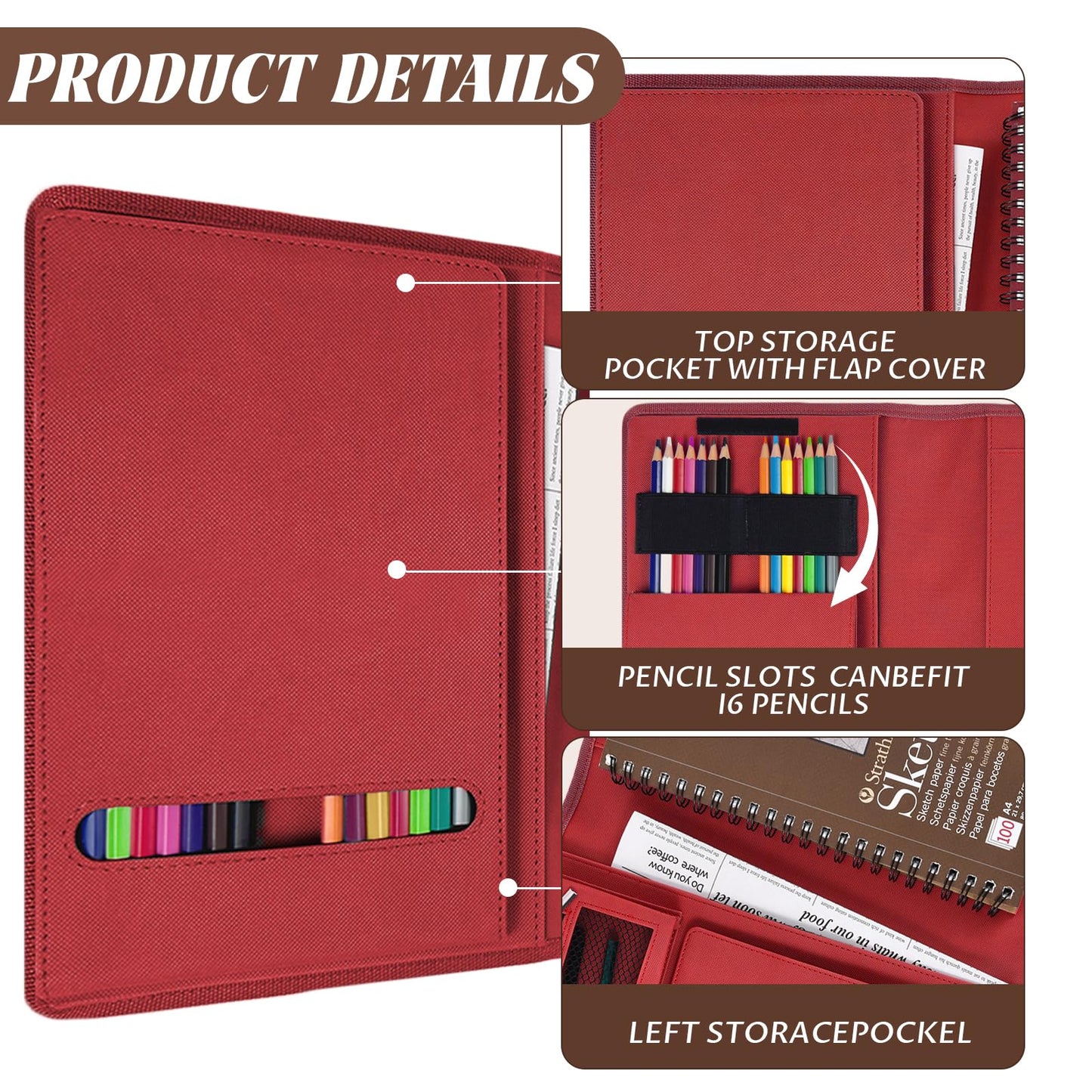 Plinyvel Travel Sketch Case & Cover: Leather Organizer Fits 5.5x8.5 Sketch Book & Spiral Pad | All-in-One Art Kit with Pencil Holder | Compact for Artists, Beginners & Travel (Red