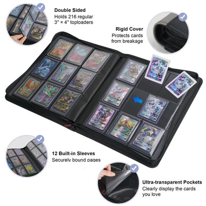 PREZA Toploader Binder - Holds 216 Top Loaders - 9 Pocket Trading Card Storage with Double Sided Sleeves for TGC and Sports 3" x 4" Top Loaded Trading Cards (Black)