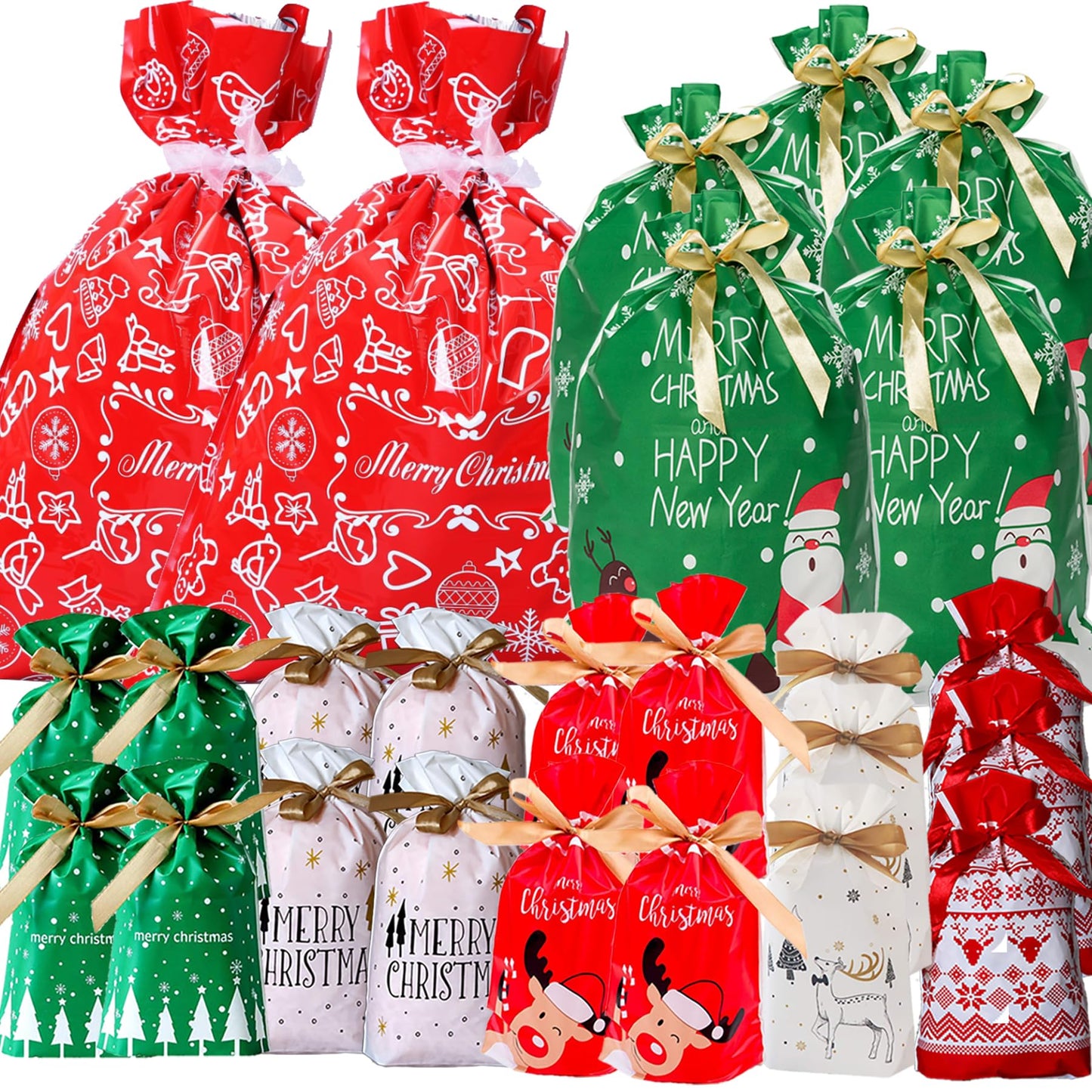 Happy Storm Christmas Drawstring Gift Bags 30PCS Assorted Styles Christmas Drawstring Wrapping Goody Sweet Treat Candy Bags for Xmas Birthday Party Supplies Favors