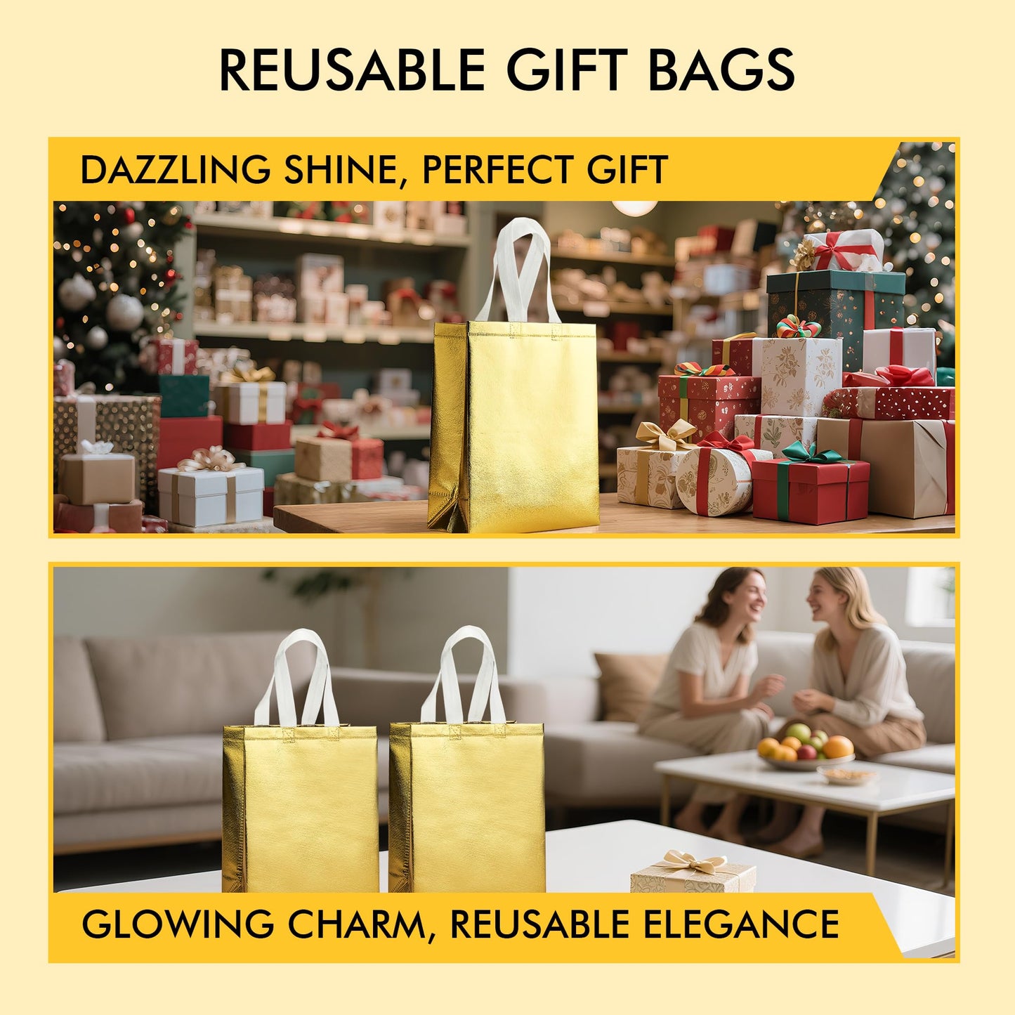 RACETOP Medium Gold Gift Bags with Handles – Set of 15 Reusable 100g Gold Party Favor Bags - Ideal for Birthday, Wedding, Bachelorette, Holiday Goodie Bags – 8x4x10 Inches, Upgraded