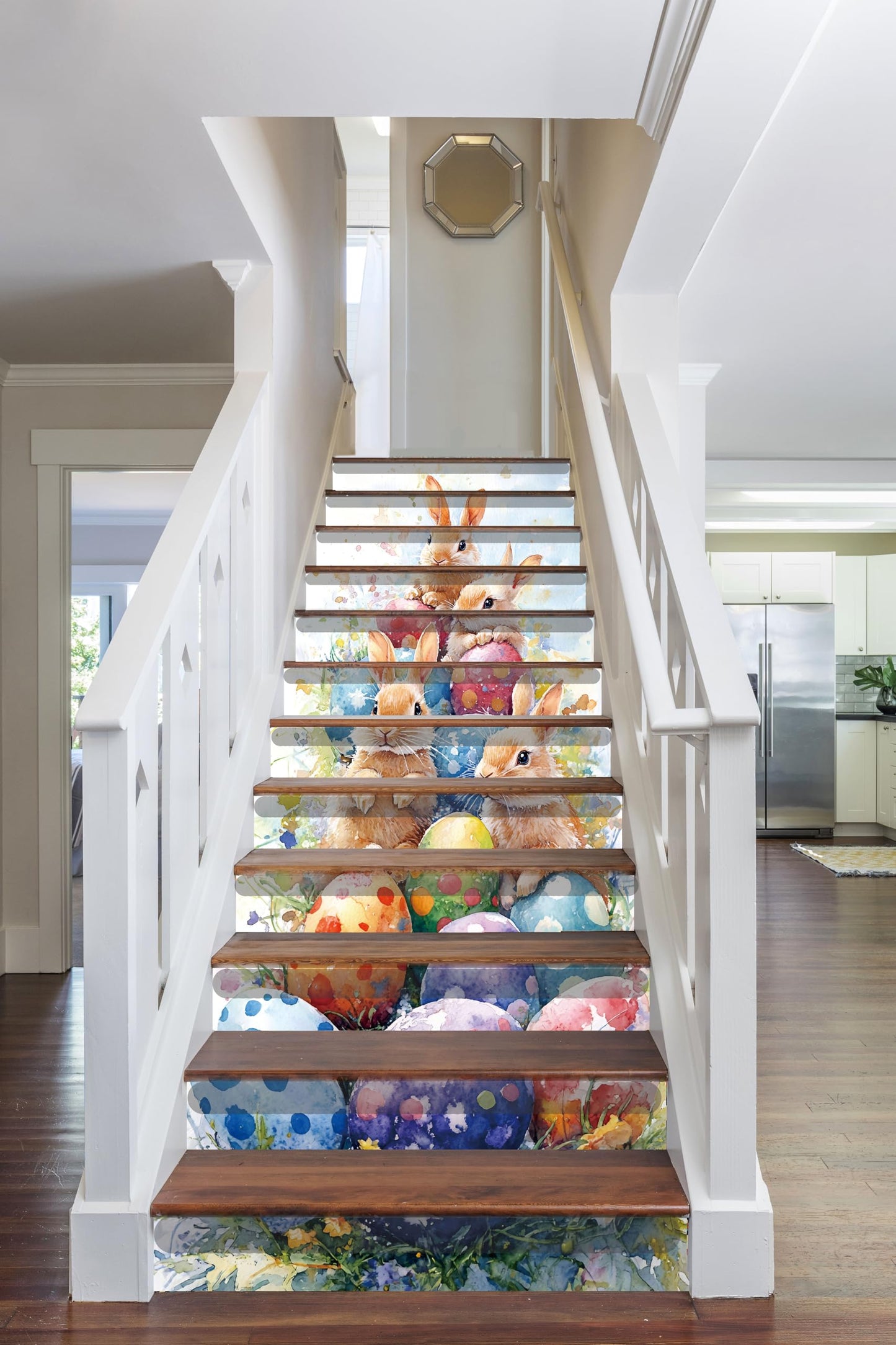 AMAZING WALL Peel and Stick Removable Watercolor Bunny Rabbits Colorful Eggs Risers Stairs Self Adhesive Wall Sticker Set 12 PCS