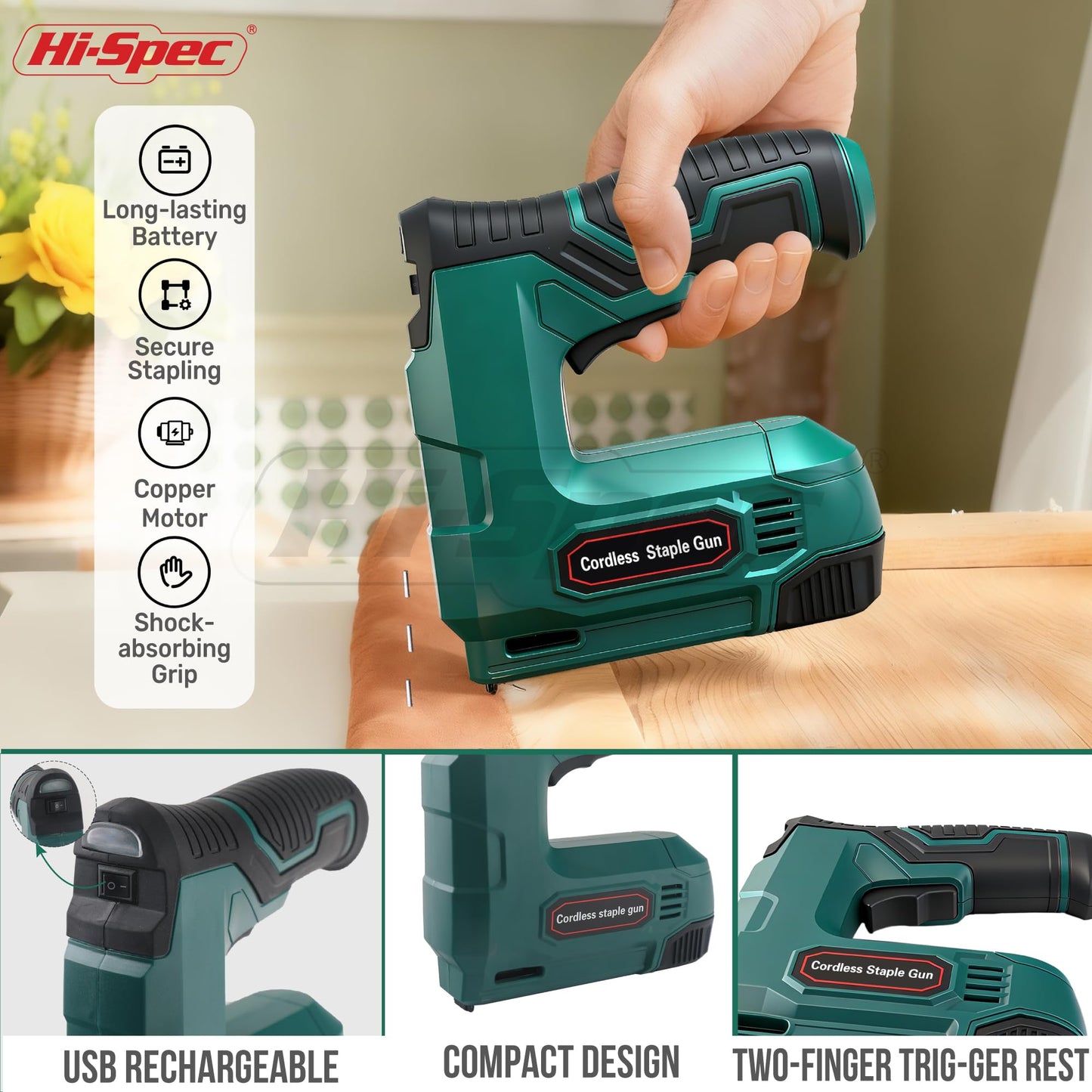 Hi-Spec 4V Cordless USB Staple Gun. Rechargeable Electric Compact Stapler & Brad Nailer Gun. Includes 2500pc Flat Crown Staples and Brad Nails Set for DIY, Crafts, Furniture and Carpentry
