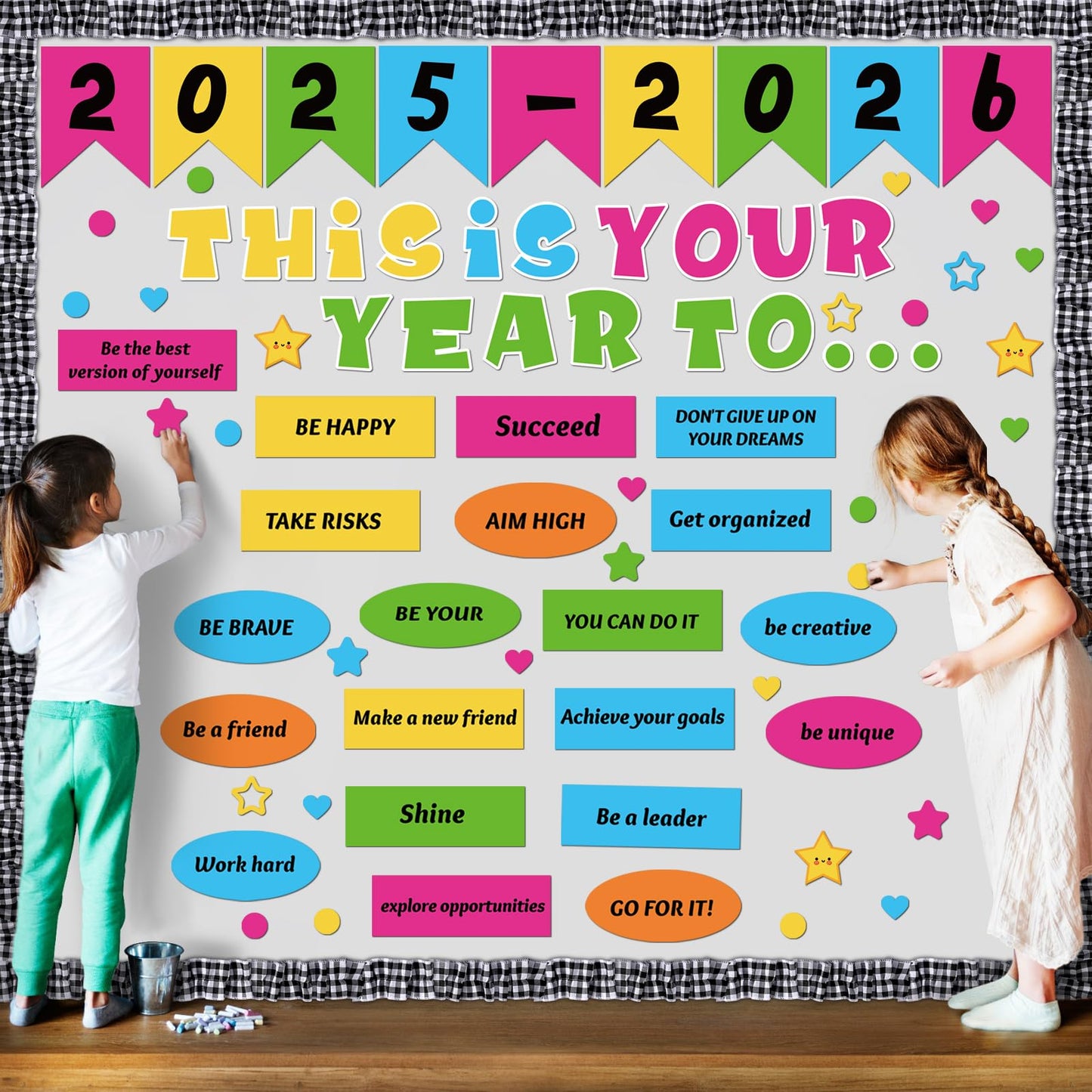 Feifeiya 81 Pcs This is Your Year Bulletin Board Set Classroom Bulletin Board Decor Back to School Inspirational Cutouts with White Black Burlap Border for School Office Chalkboard Wall Decor