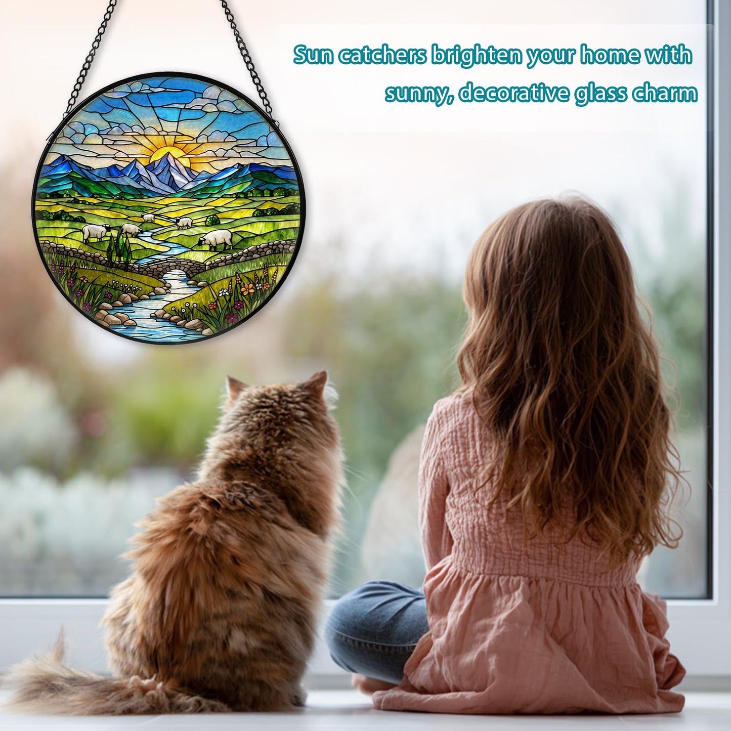 Green Irish Hills Stained Glass Window Hanging, Suncatcher for Window Hanging, Sun Catchers Indoor Windows Wall Art for Nature Lovers, Suncatcher for Home Garden Office 7.87 inches