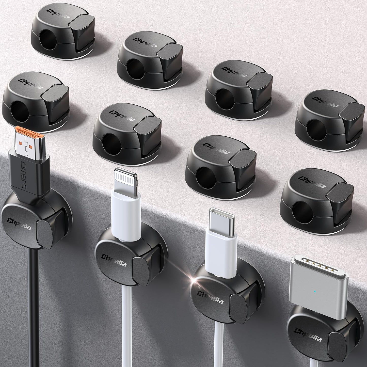 12Pack Cord Organizer [Dual Spring & Clasp, Max Secure] Cable Clips - Chfeila Cord Holder, Desk Cable Management, Adhesive Phone Charging Wire Holder for Nightstand/Car/Wall, Office Accessory - Black