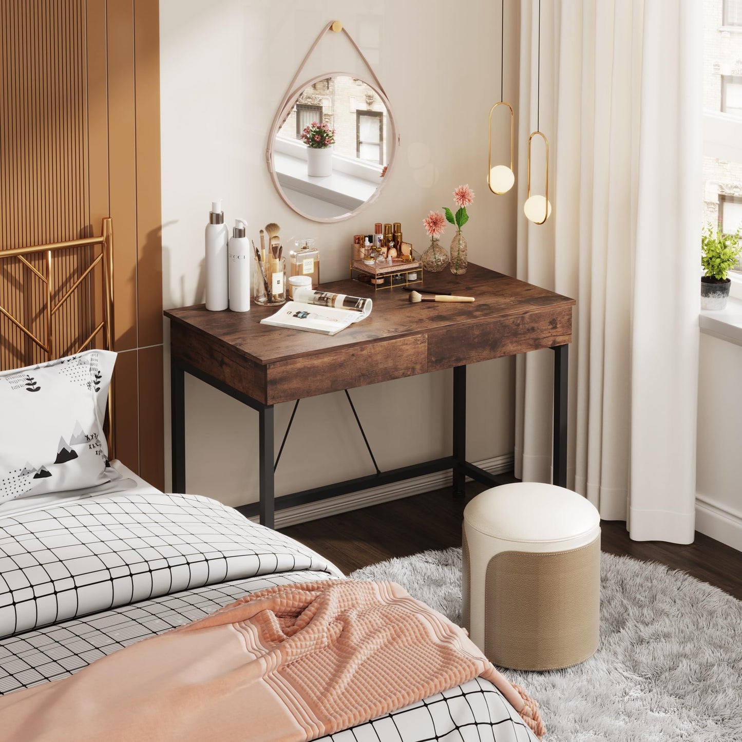 Mexin Small Desk with 2 Wooden Drawers, 40 Inch Home Office Writing Desk, Vanity Desk with Storage, Computer Desk for Bedroom Small Spaces, Table for Office, Kids Study, Makeup, Rustic Brown