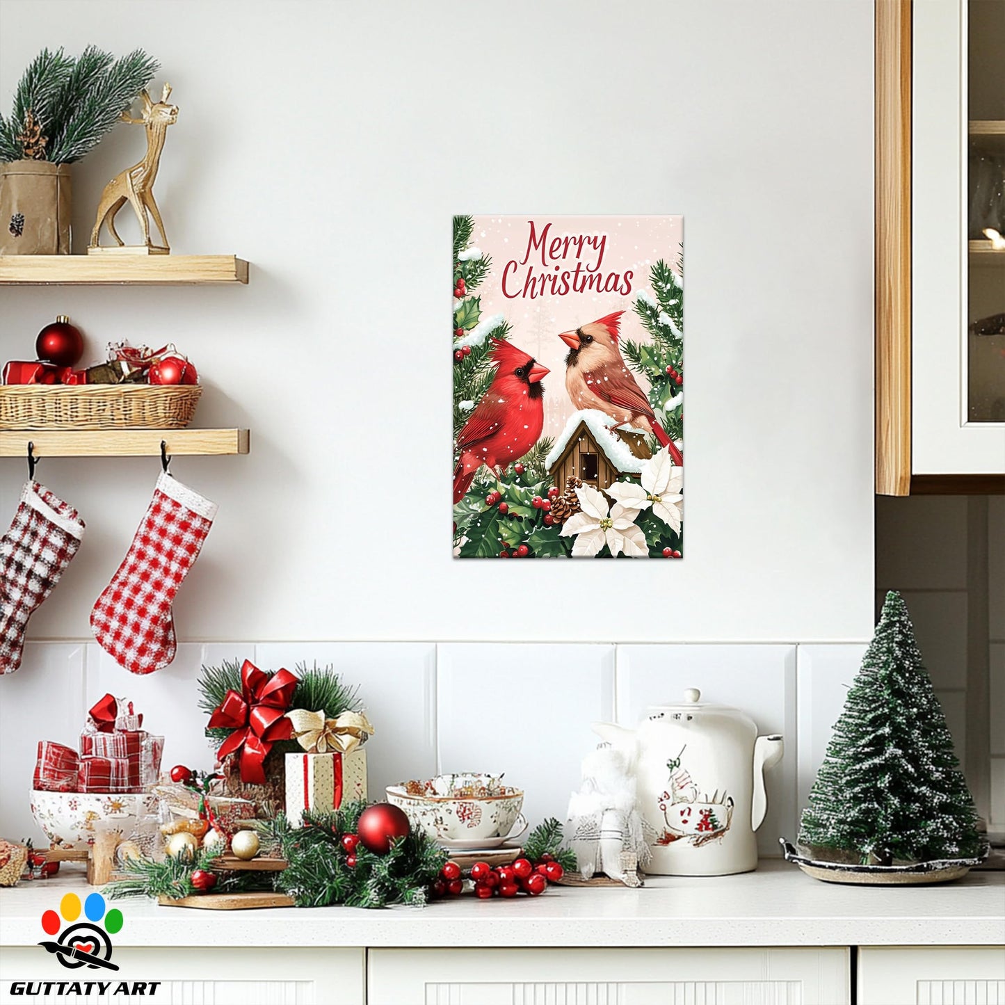 GUTTATY Christmas Canvas Wall Decor, Robin Christmas Decoration Wall Art, Merry Christmas Sign Xmas Artworks, Christmas Theme Wall Pictures Framed for Living Room, Bedroom 18x24 Inch