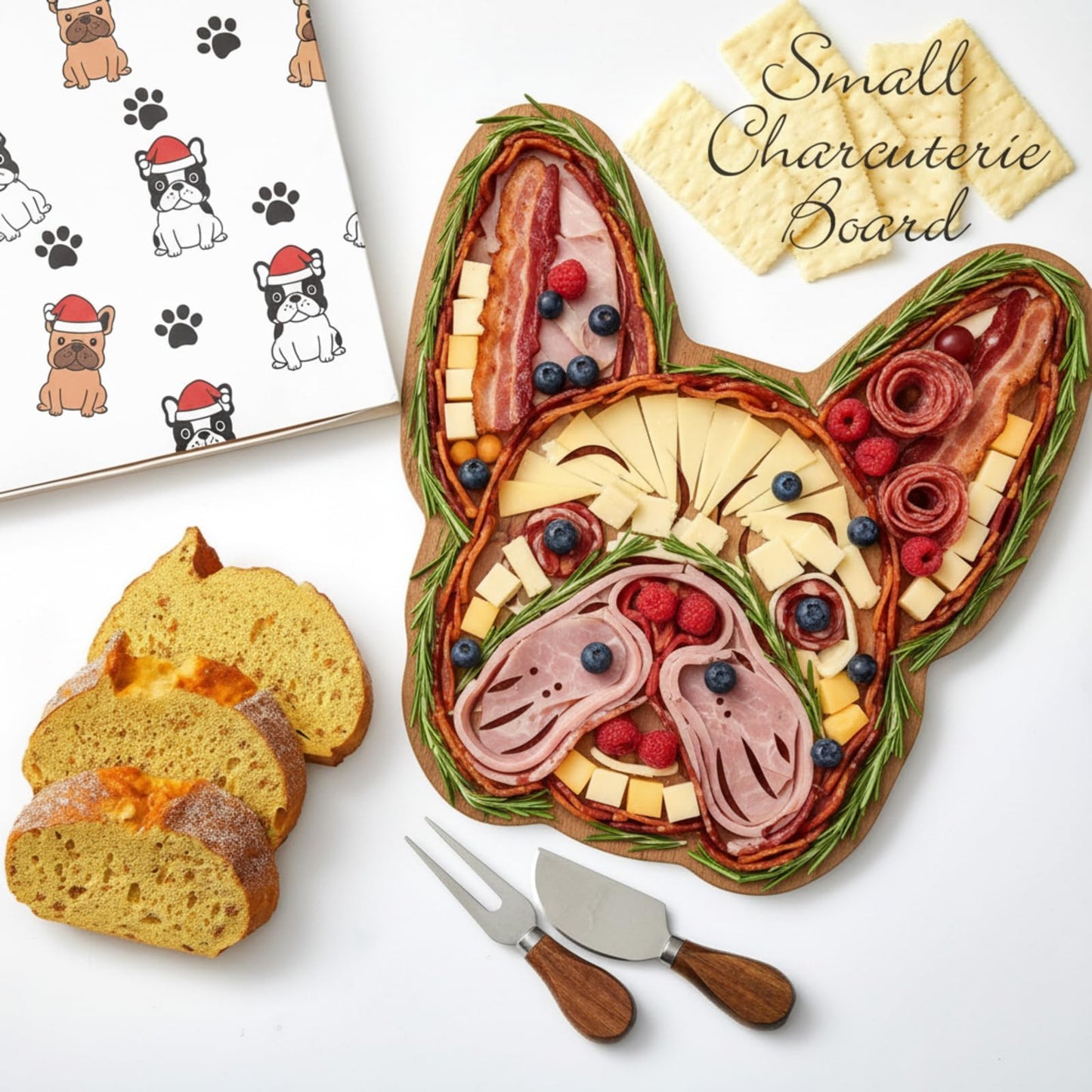 Ziliny French Bulldog Gifts for Women, French Bulldog Shaped Charcuterie Board Set Cutting Cheese Board Wooden Platter with Knives Forks Serving Trays Frenchie Gifts for Christmas Party