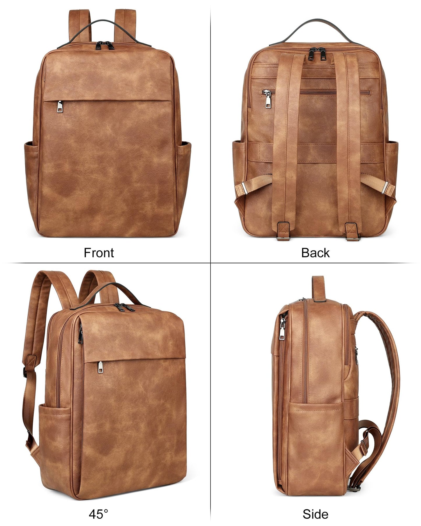 MASINTOR 15.6 inch PU Leather Laptop Backpack Purse for Women, Large College Casual Backpack Travel Bag Mocha Brown