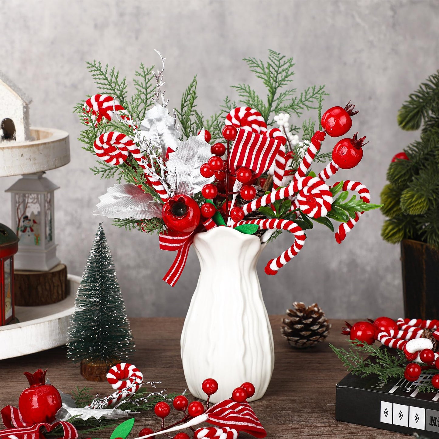 Thiccywoov 20 Pcs Christmas Candy Cane Picks 10 Inch Peppermint Red and White Tree Ornaments Christmas Tree Branches Toppers for Xmas Vase Filler Holiday Wreath DIY Craft Party Decor (Classic Style)