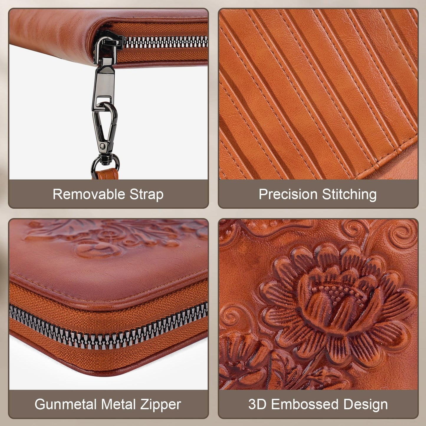 VIMUTI Womens Wallets Rfid Blocking Clutch Long Wallet for Women,Large Capacity Ladies Wallets with Card Slots and Phone Holder Embossed Flower Leather Travel Purse Wristlet Brown