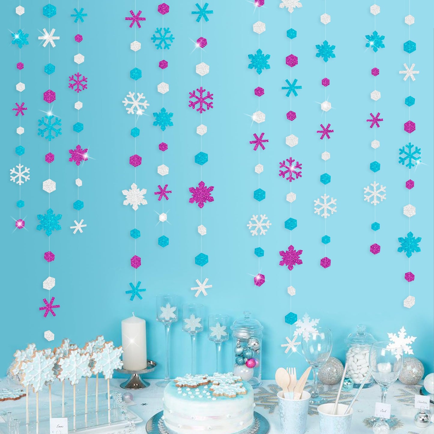 52 Ft Snowflakes Party Decorations Silver Purple Blue Glitter Paper Snowflakes Garland Streamer for Winter Wonderland Christmas Holiday Frozen Birthday Wedding Baby Shower Bridal Shower Party Supplies