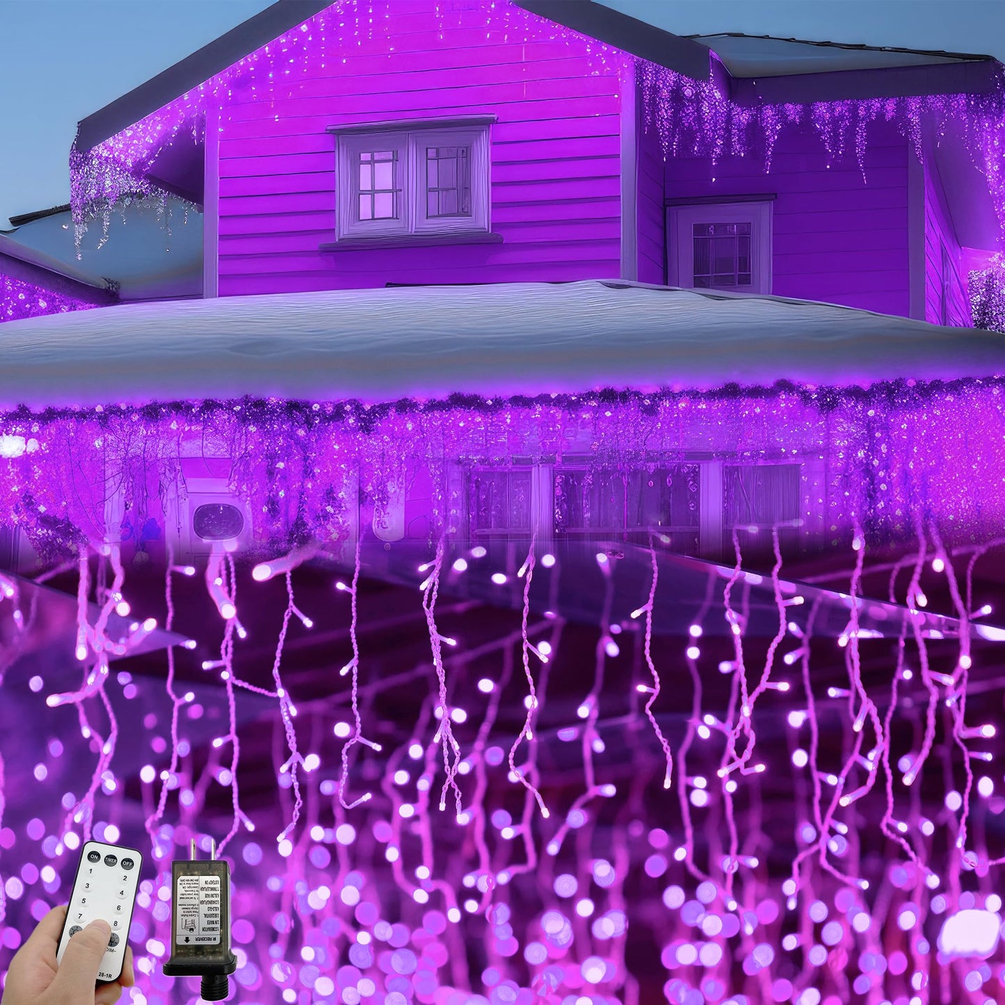 YOLIGHT 16.5ft 192 LED Halloween Icicle Lights Outdoor, Icicle Christmas Lights with Remote, 8 Modes Twinkle Curtain String Lights, Wedding Party Home Garden Roof Xmas Decoration(Purple)