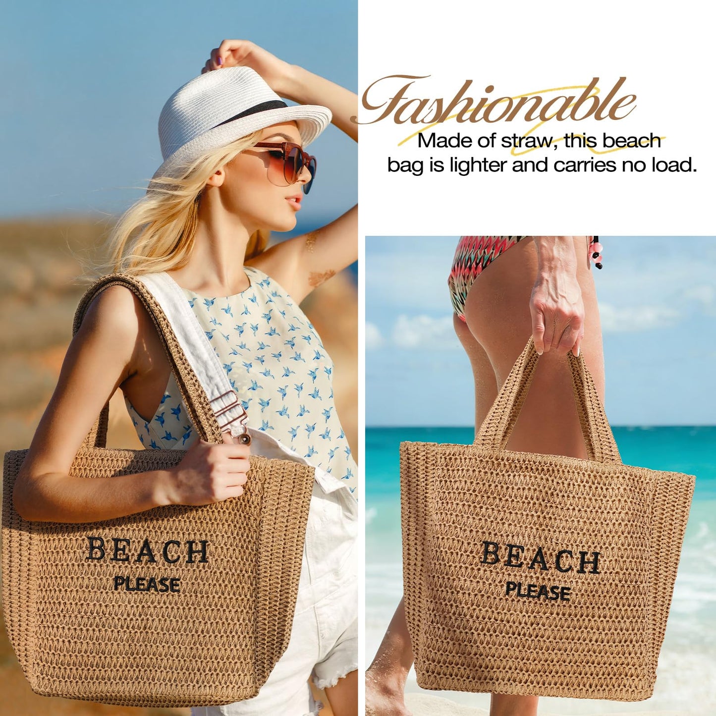 Tavaleu Straw Beach Bags for Women, Large Beach Bag Summer Woven Tote Bag Travel Shoulder Handbags for Holiday