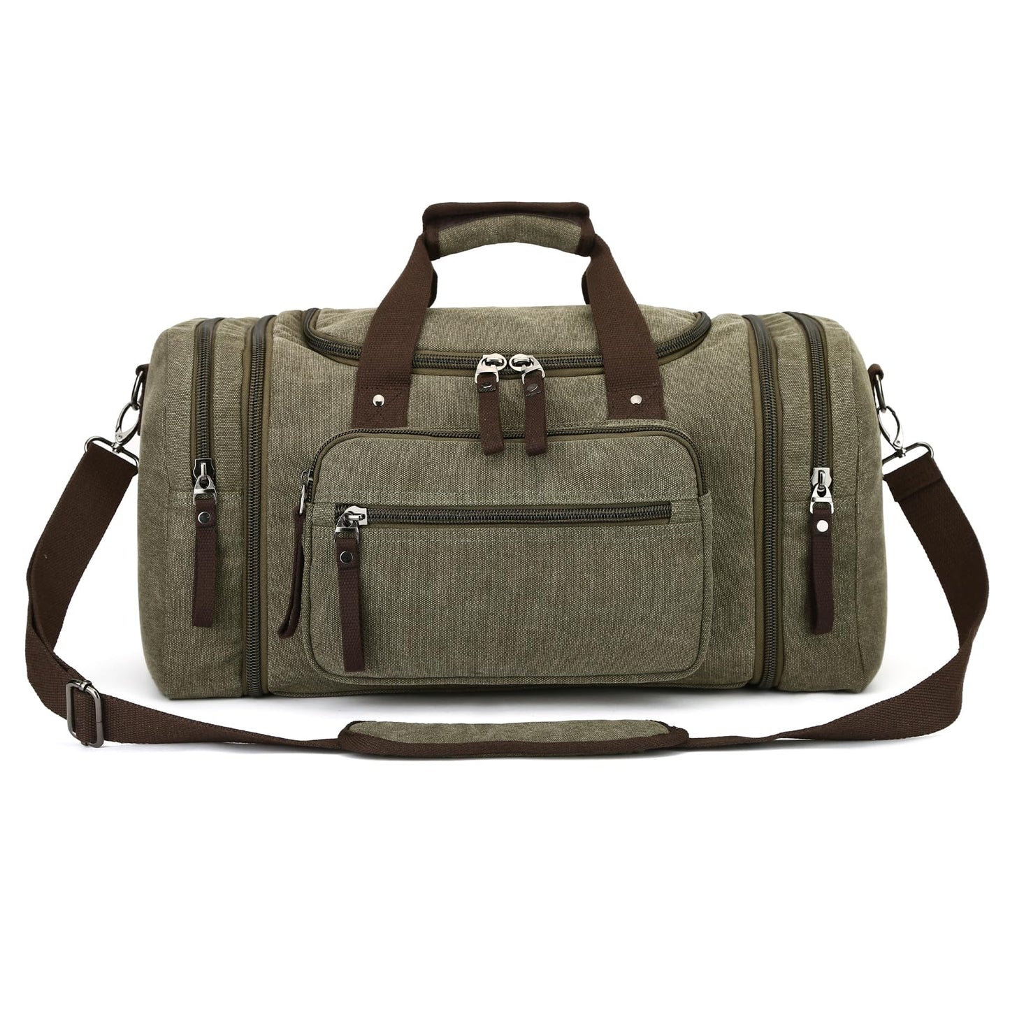Travel bag large capacity men's luggage bag, expandable canvas leather 55 liters large capacity weekend hiking waterproof(green)