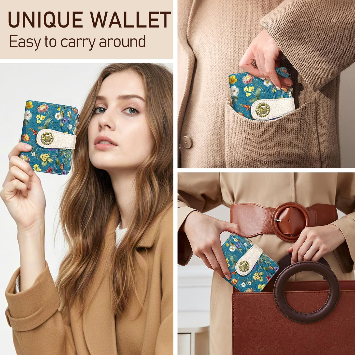 Kelvoris Blue Vibrant Floral Small Rfid Women Wallet Bifold Zipper Coin Pocket PU Leather Compact Cash Credit Card Holder Travel Wallet for Female Ladies Teen Girls 1 ID Window 10 Card Slots
