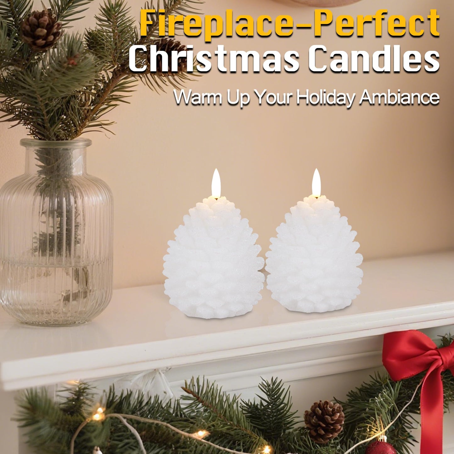 Christmas Flameless Pine Cone Candles with Remote Timer, Battery Operated Flickering Candles, LED Real Wax Pinecone for Christmas Home Decoration, Set of 2, White with Glass Bead Powder (5.5" X 4.1")