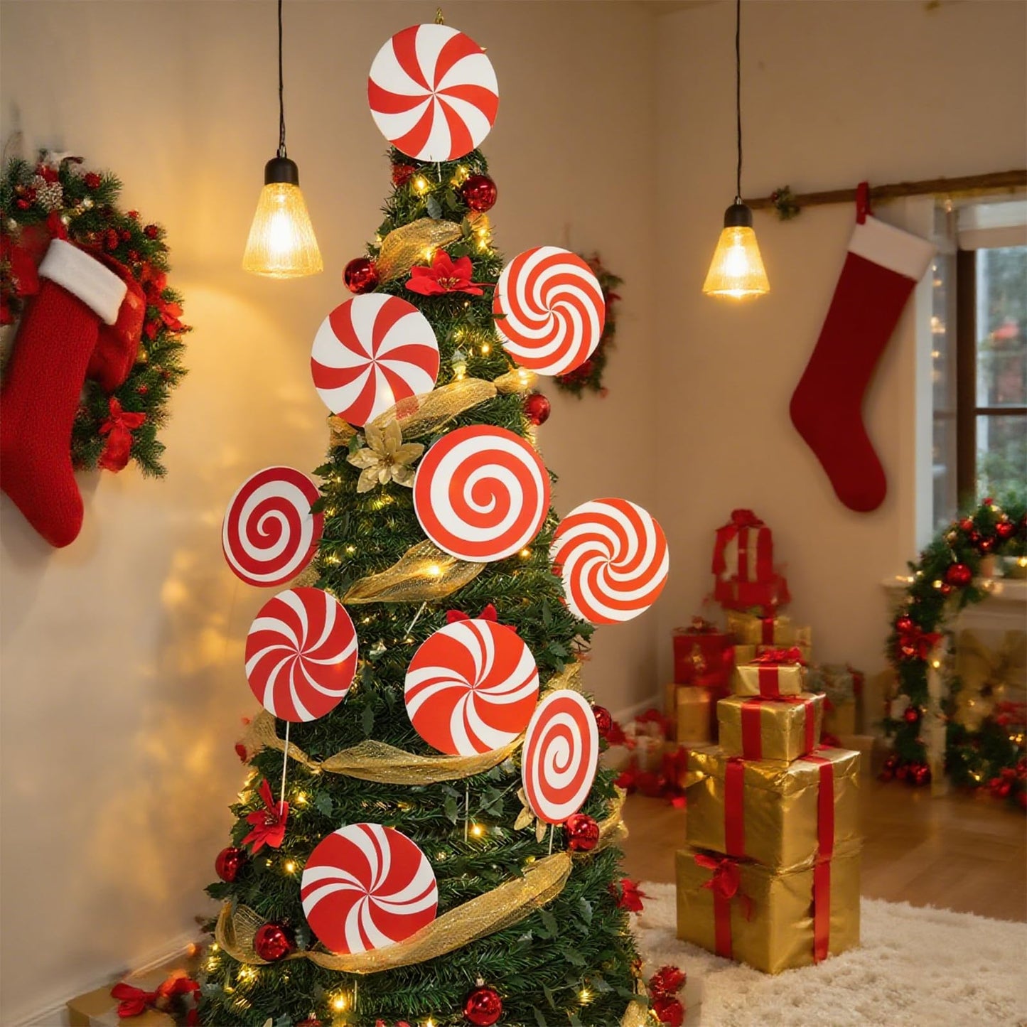 12Pcs Large Candy Christmas Tree Decorations Peppermint Lollipop Christmas Picks for Tree, 7.87" Red and White Candy Ornaments, Plastic Candyland Tree Topper for Xmas Holiday Party Vase Decor