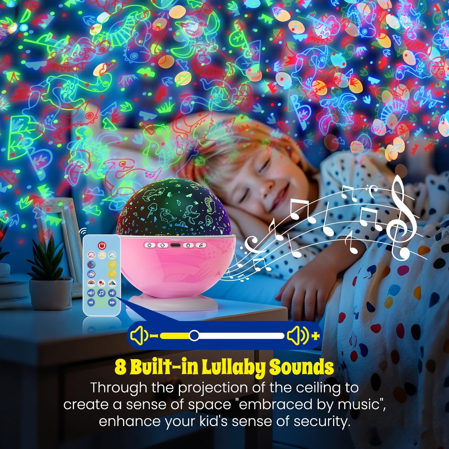 Night Light Projector,Night Light for Kids Room with Remote and Timer,360° Rotation,3 Projection Films,18 Light Modes,8 Lullaby Songs,Kids Night Lamp, Christmas Birthday Gifts for Boys Girls (Pink)