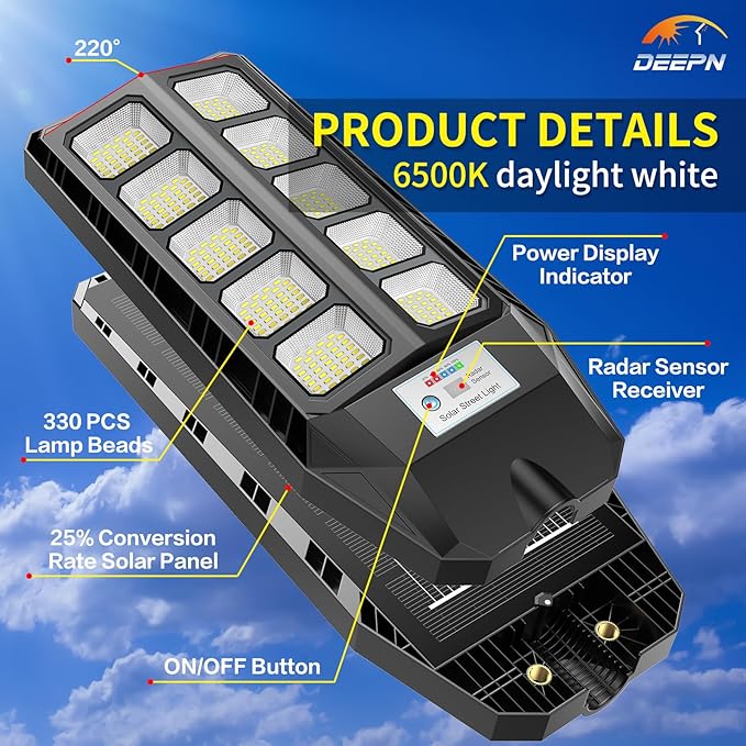 Deepn Solar Lights Outdoor for Outside, IP66 Waterproof Street Lights Outdoor, 6500K Dusk to Dawn Solar Security Flood Lights Motion Sensor with Remote Control for Yard, Entryway Garage, Porch