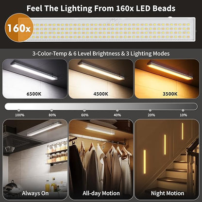 160LEDs Touch-Control Under Cabinet Lighting w/4000mAh Battery, Cordless Motion Sensor Under Counter Lights for Kitchen, Magnetic Rechargeable Closet Lights - 1Pack/White, 2025 Fall