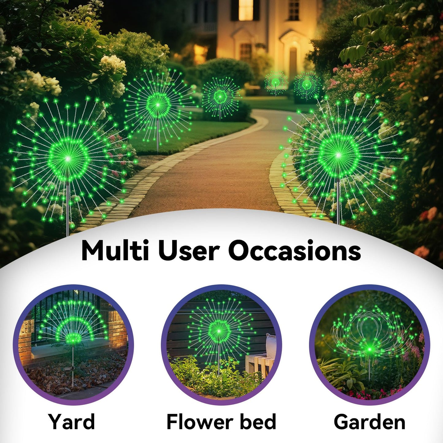 Garden Outdoor Lights, 2 Pack 120 LED Solar Garden Lights Fairy Lights Outdoor Waterproof Decorative Solar Firework Lights for Yard Patio Pathway Flowerbed Party Wedding Decor, Green