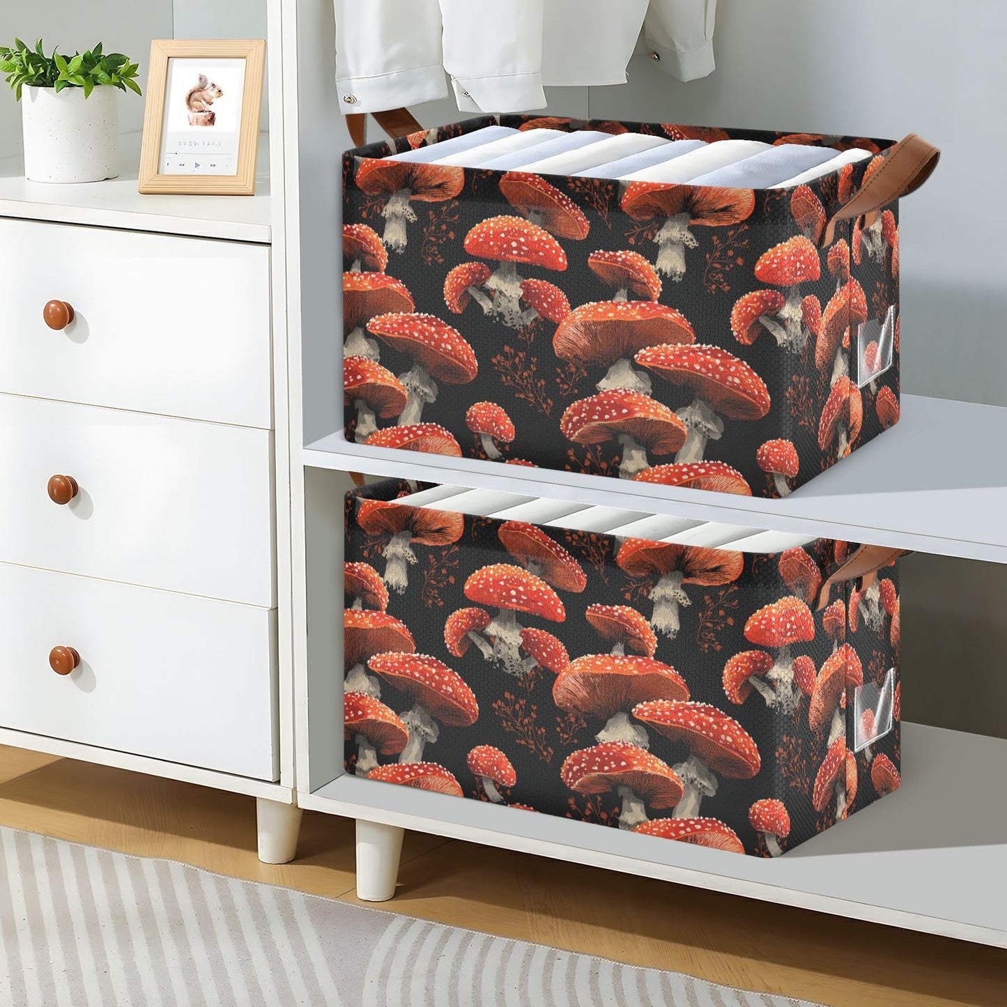 Red Mushrooms Amanita Mushroom Storage Basket Foldable Cube Storage Bins with Handles&Label Waterproof Collapsible Organizer Box Bin Large Rectangle Decorative Baskets for Shelves Home Room Laundry