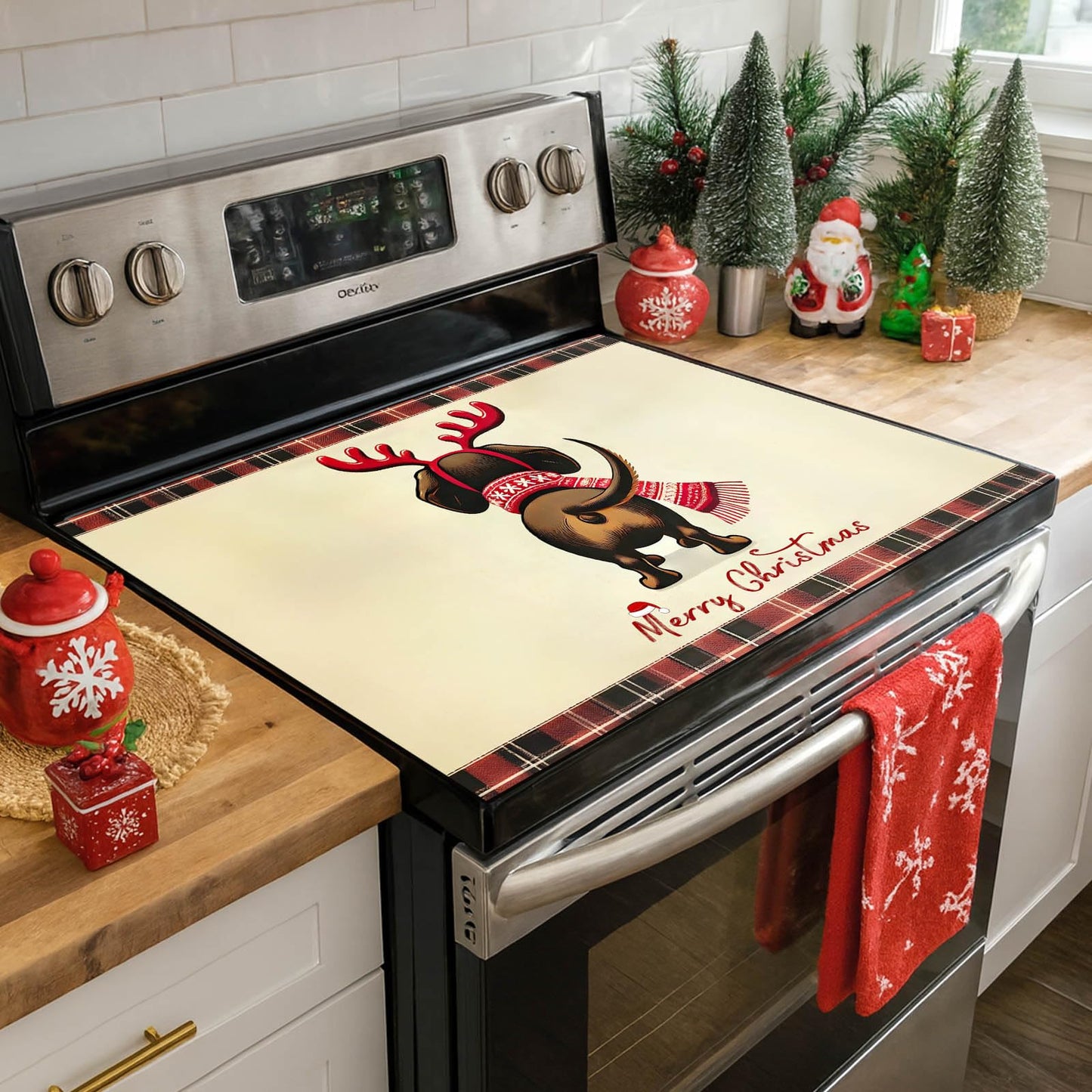 HOMETITUTE Stove Top Covers for Electric Glass Stove 28x20 Inch Christmas Dog Reindeer Design Heat Resistant Cooktop Protector Counter Cover Dish Drying Mat for Kitchen RV Camper