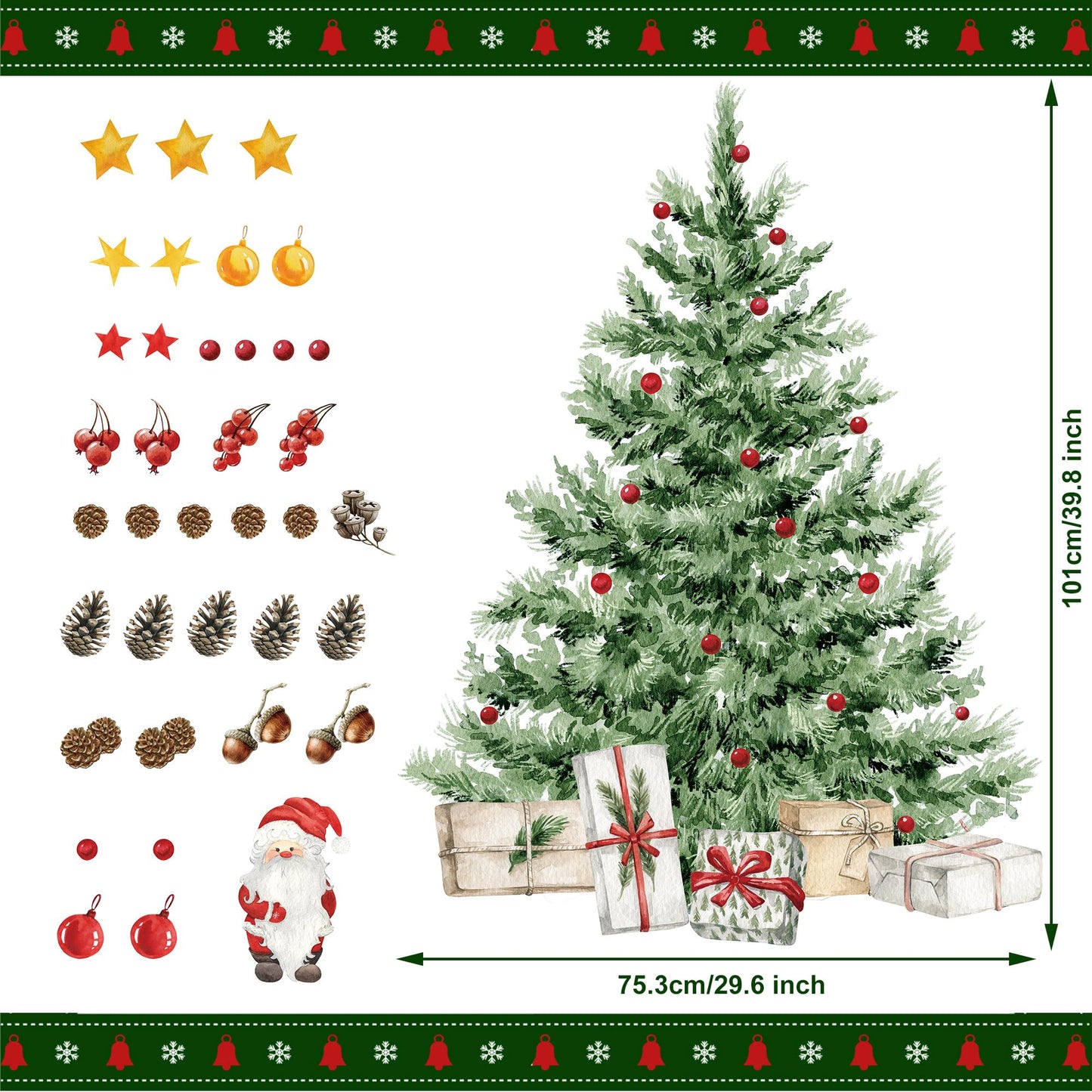 Augisteen Large Christmas Tree Wall Decals Merry Christmas DIY Watercolor Wall Stickers Peel and Stick Removable Xmas Tree Giant Stickers Bathroom Bedroom Living Room Offices Home Decor