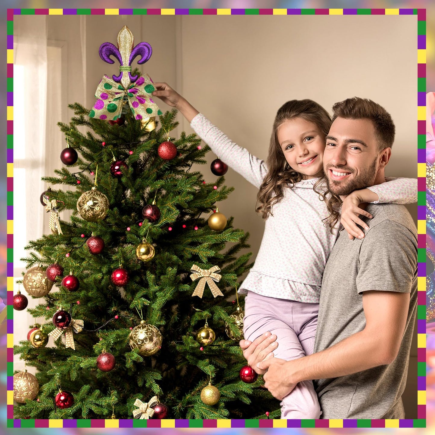 PullCrease Mini Mardi Gras Tree Topper 5.9 Inch Purple Green Gold Bow Tree Topper Mardi Gras Ornament Decoration for Carnival Holiday Party Festive Home Decor
