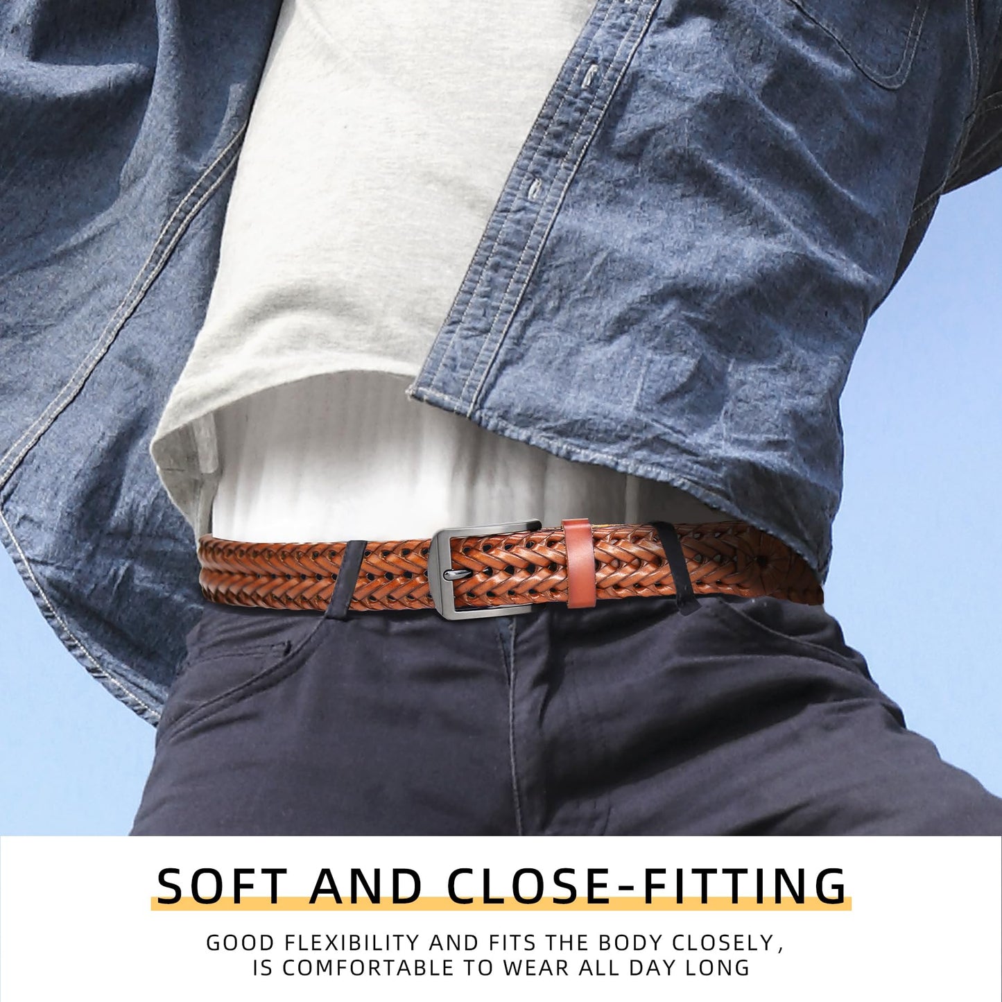 CHXRRPGC Mens Braided Leather Belt Everyday Casual Woven Belts for Men Fit Casual Golf Pants Jeans