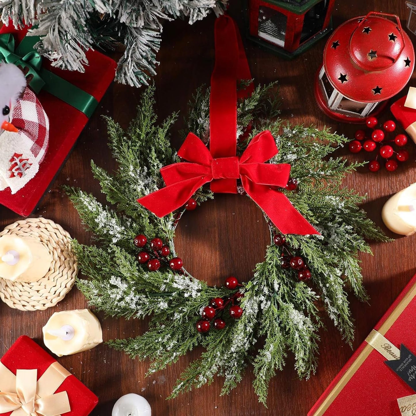 4 Pcs Small Christmas Norfolk Wreaths 15 Inch Christmas Kitchen Cabinet Mini Wreath with Bow Ribbon Cedar Berry for Xmas Front Door Window Chair Fireplace Table Pillar Farmhouse