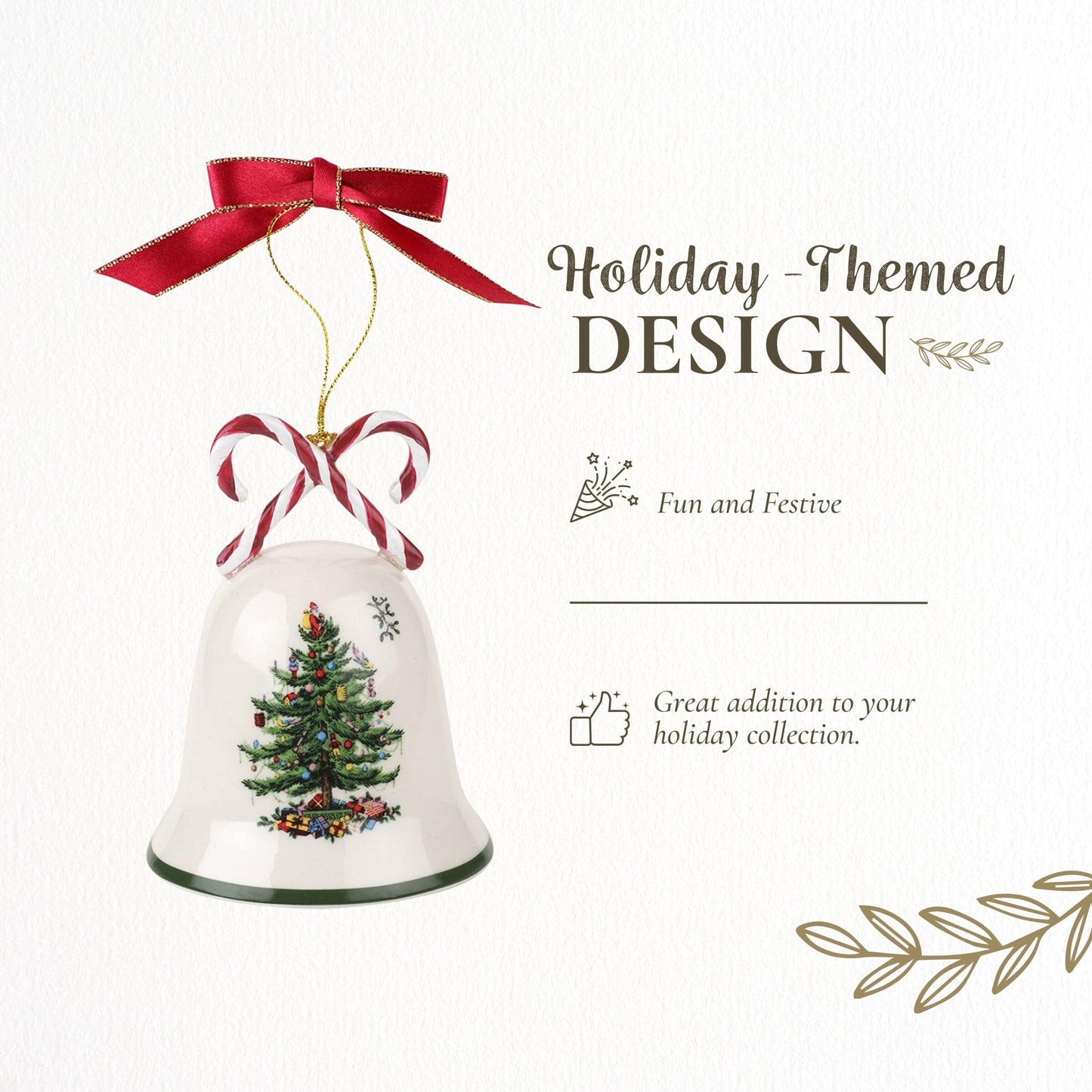 Spode Christmas Tree Candy Cane Bell Ornament, Elegant Hanging Decoration for Christmas Trees - Holiday Home Accents & Festive Ornament - Thoughtful Keepsake & Gift for Friends & Family