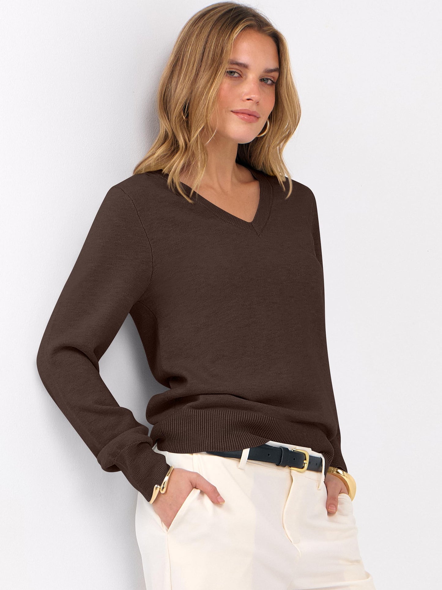 ANRABESS Womens Long Sleeve V Neck Sweaters 2025 Fall Casual Classic Soft Loose Fit Basic Pullover Jumper Top