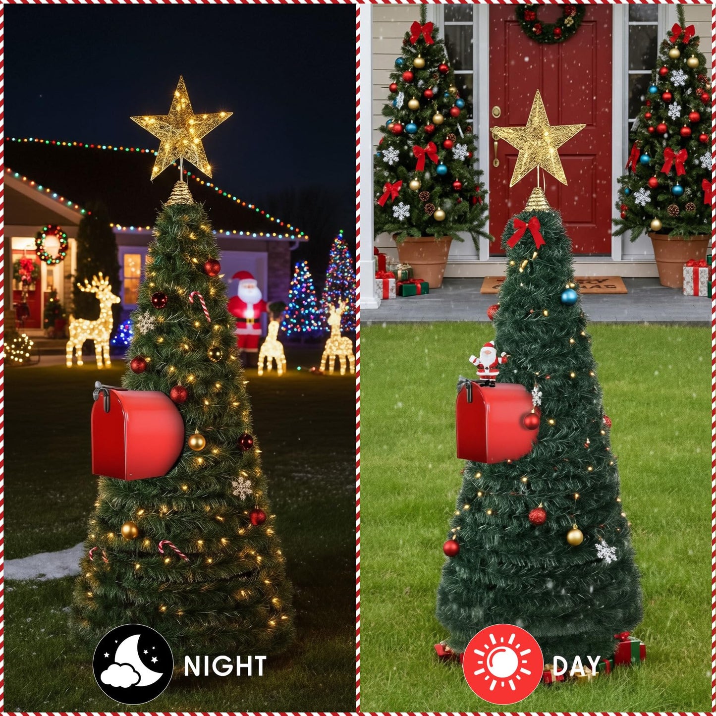 RoundFunny Mailbox Christmas Tree DIY Artificial Christmas Mail Box Swags Includes Metal Hexagonal Bracket 262.5 Ft Xmas Garland Xmas Star Topper for Home Outdoor Mail box Holiday Decor