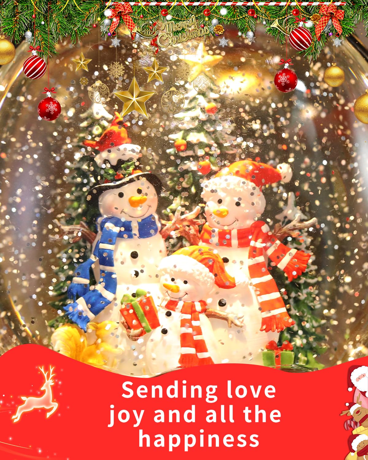 Frosty Snowman Cardinals Snow Globe Lantern for Christmas Decorations, Musical and Luminous,USB or Battery Operated