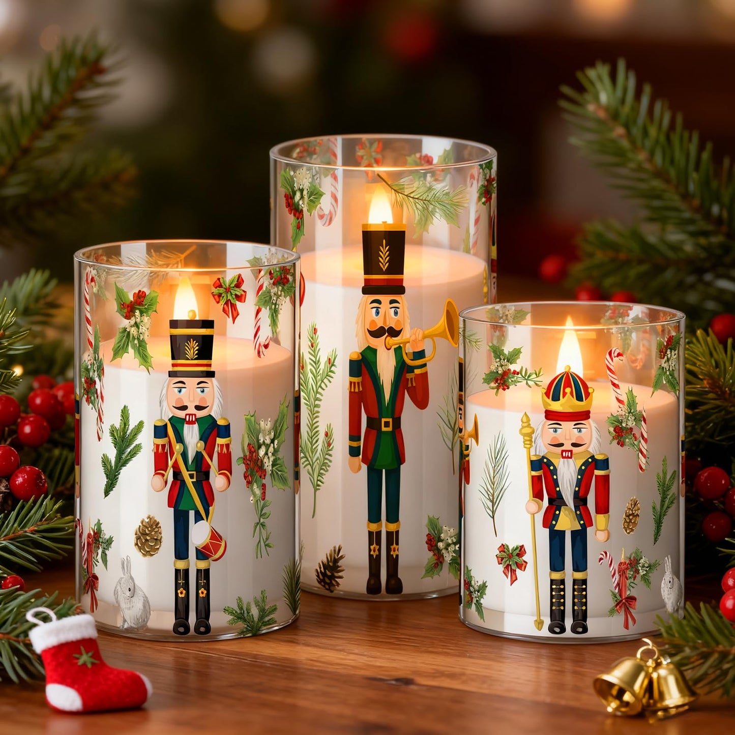 Glooglitter 3 Pcs Nutcracker Christmas Flameless Candle with Remote Timers Christmas Battery Operated Candles LED Flickering Candlestick for Xmas Party Home Decor