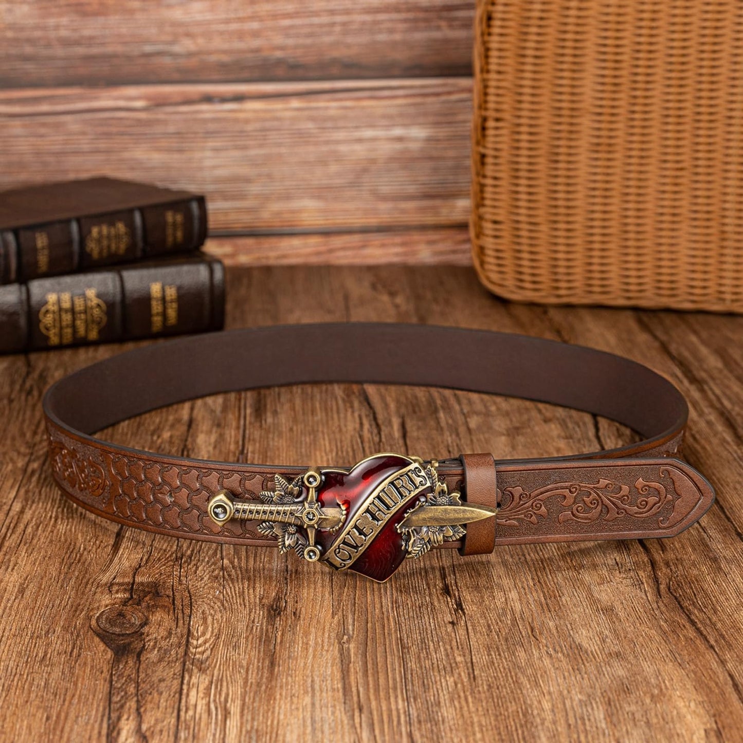 FAYZSOWSR Antique Belt, Western Cowboy PU Leather Belts with Heart and Sword Carved Buckle Retro Embossed Belt for Jeans (Black)