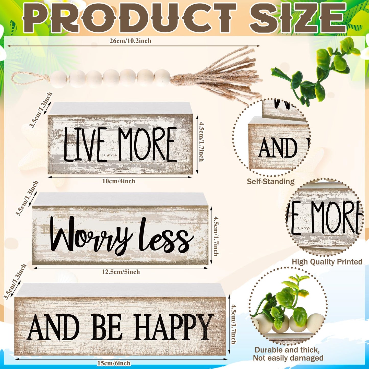 Moucuny 4 Pcs Inspirational Farmhouse Table Decor Rustic Stacked Wooden Block Sign - Live More Worry Less Be Happy Centerpieces Set with Beaded Tassel and Artificial Plant for Home, Office, Shelf Gift