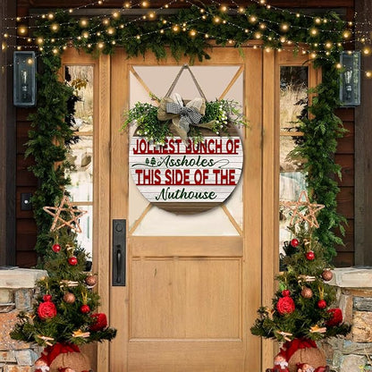 Christmas Door Sign Jolliest Bunch of A-holes Door Sign Wooden This Side of The Nuthouse Front Door Hanger Sign Holiday Welcome Door Decoration Winter Wreath Home Decor 12 inch