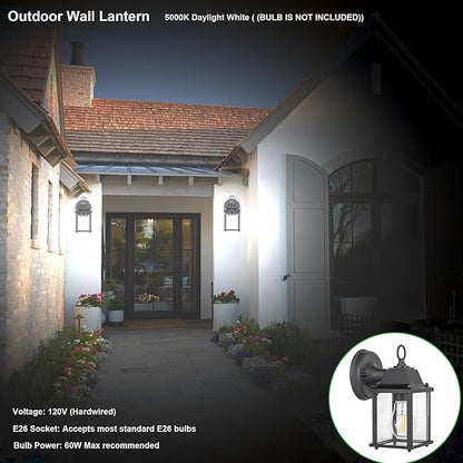 LIT-PaTH Outdoor Wall Lantern, Wall Sconce as Porch Lighting Fixture, E26 Base, Aluminum Housing Plus Glass, Water-Proof and Outdoor Rated, ETL Qualified, 2-Pack, Black