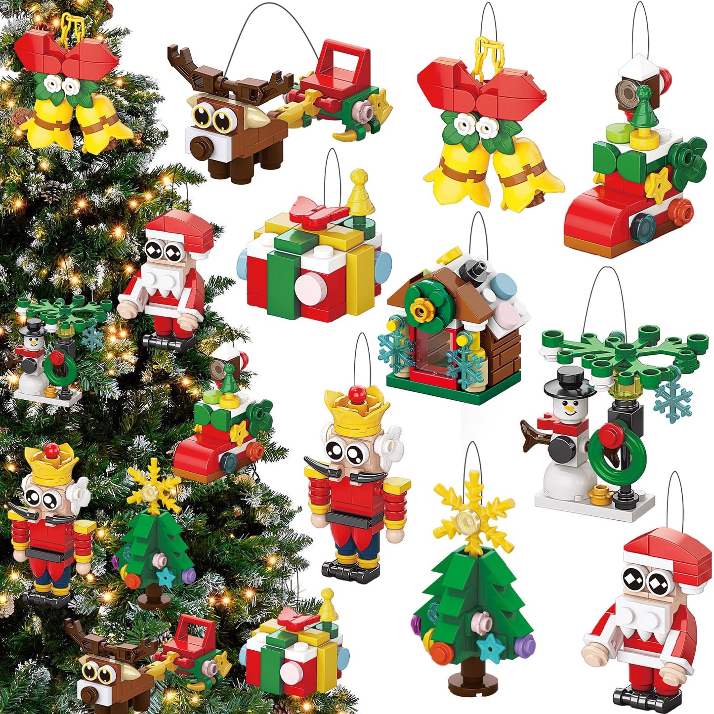 JOICEE Christmas Ornaments Building Blocks, 18 Pack Xmas Tree Ornaments Building Sets with Strings Hanging Decoration Toys for Kids Holiday Party Favors Gifts Stocking Stuffers