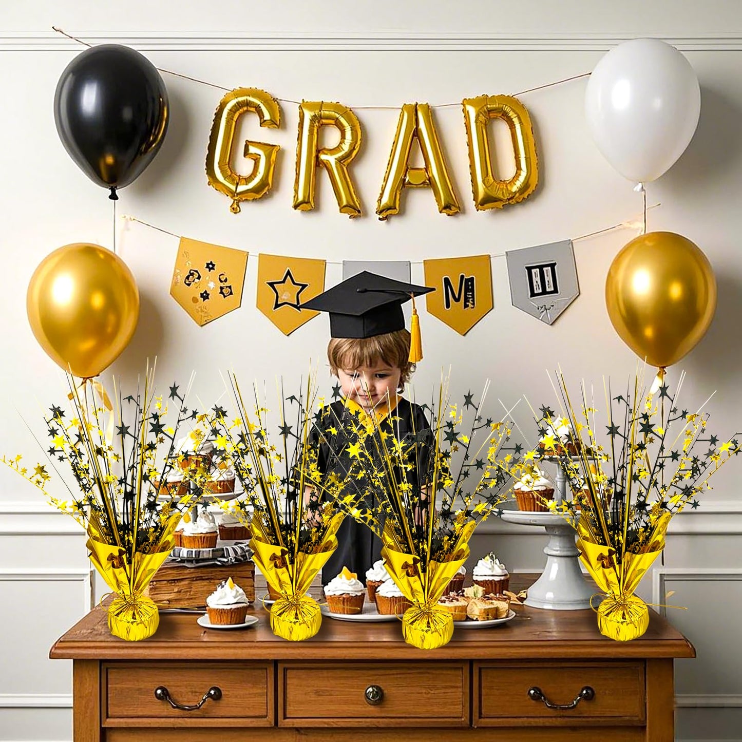FUBININA 6 Pack 2026 Graduation Table Centerpiece Party Decoration Metallic Foil Spray Centerpiece Glitter Decor Star Tabletop for Graduation New Year Birthday Holiday Party Favor, Black and Gold