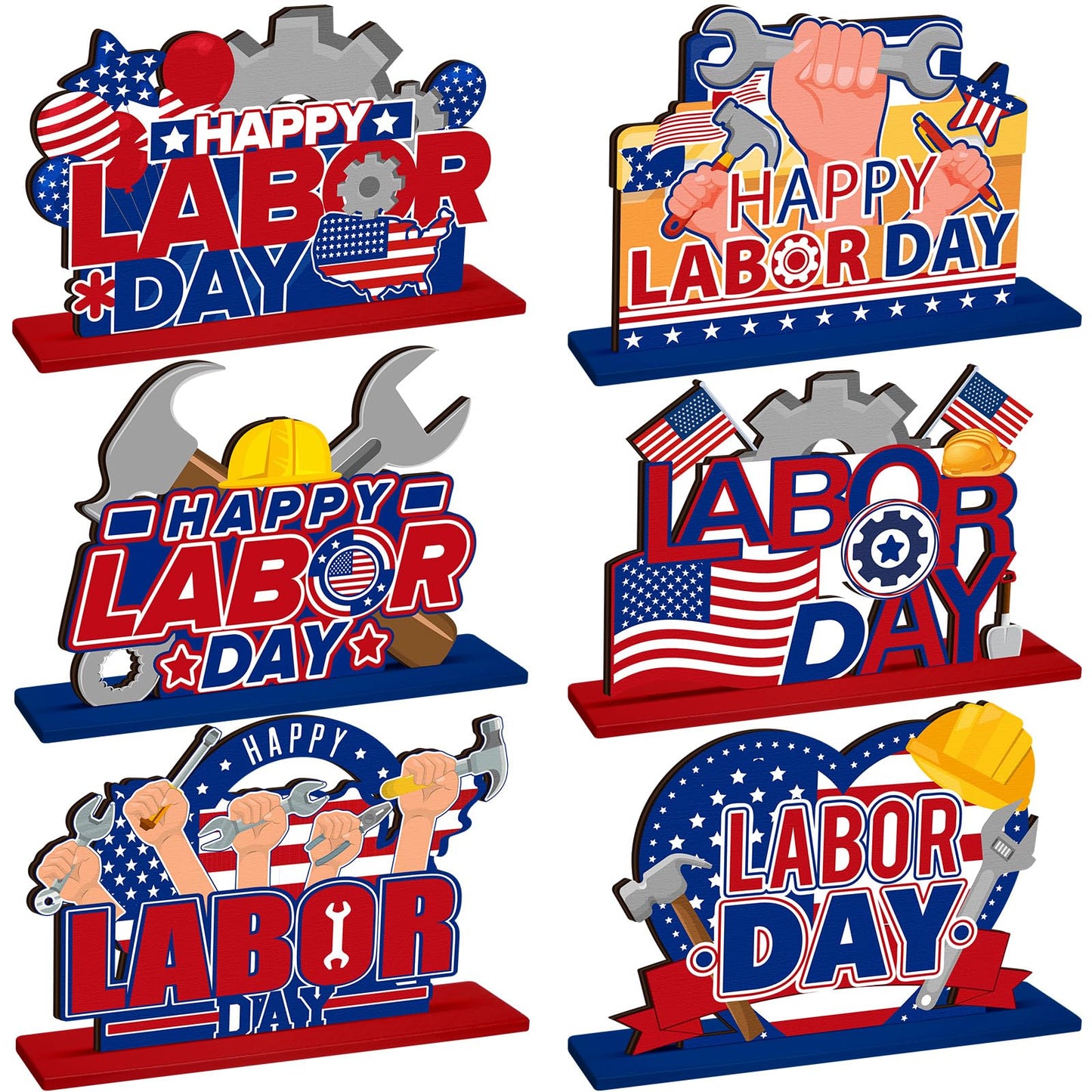 6 Pcs Labor Day Decoration Wooden Party Table Centerpieces Supplies Patriotic Theme Table Decorations for American Labor Day Party