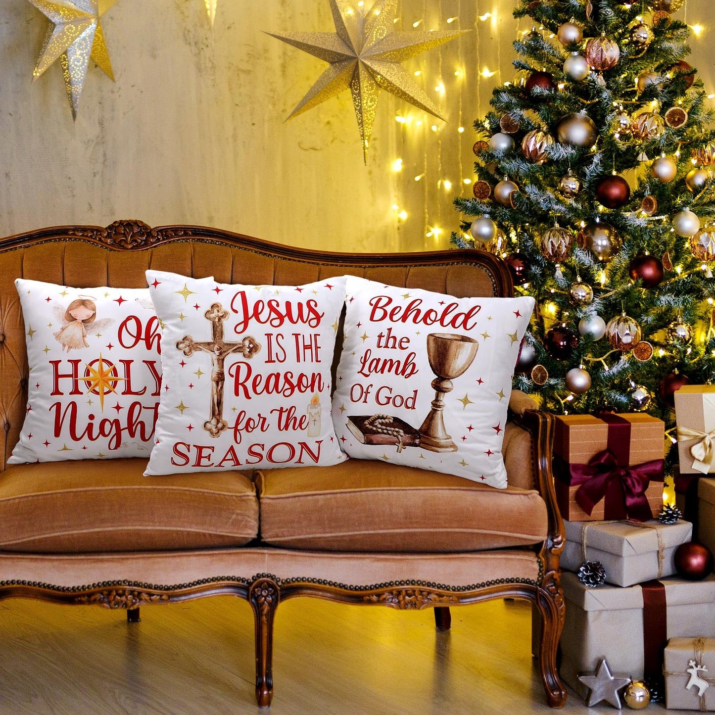 FuWeave 6 Pcs Christmas Pillow Covers 18 x 18 Inch Decorative Lime Green Red Xmas Pillow Cushion Case Pillowcase Square Christmas Pillow Covers for Home Sofa Couch Decorations (Nativity Scene)