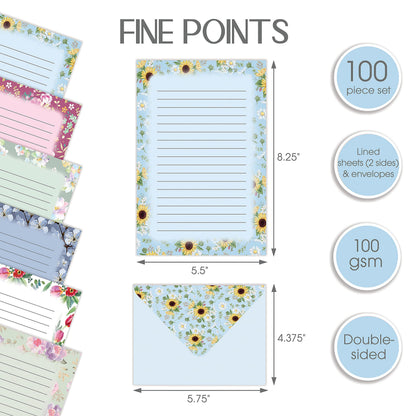 Better Office Products Mini Stationery Set, 100 Piece Set (50 Lined Floral Sheets + 50 Matching Envelopes), 5.5 x 8.25 inch, 6 Unique Designs, Double Sided Printing, Double Side Lined Paper,