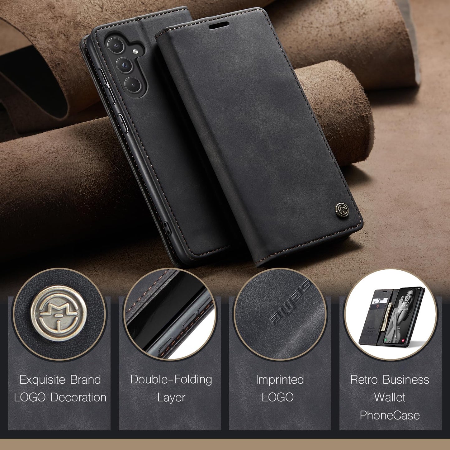 Phernykas Flip Wallet Case for Samsung Galaxy A55, Leather Magnetic Folio Cover with Card Holder, Kickstand Durable - TPU Shockproof Protective Phone Case - Black